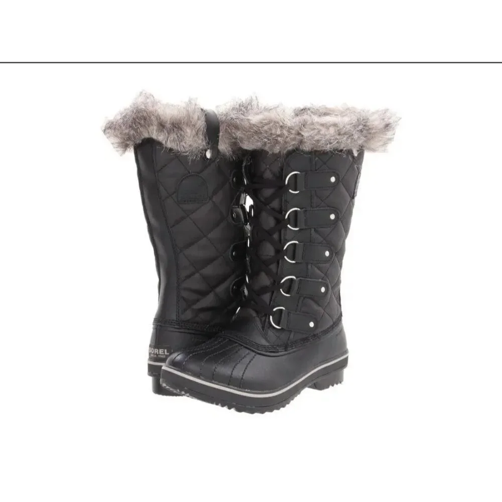 Sorel Tofino Cafe Women Black Canvas Waterproof Faux Fur Winter Duck Boots Size